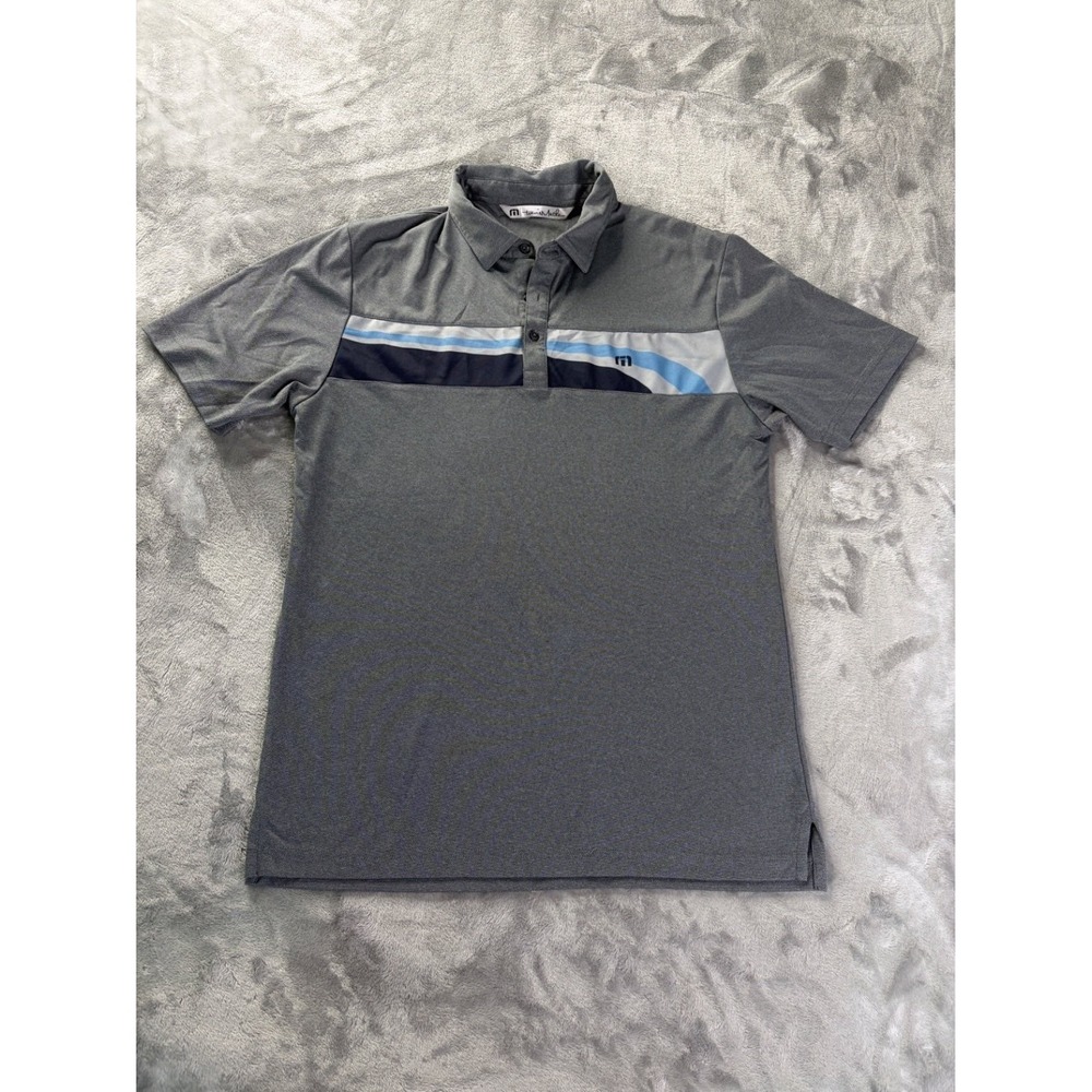 TravisMathew Golf Polo Mens M Gray Striped Short Sleeve Colorblock Light Blue